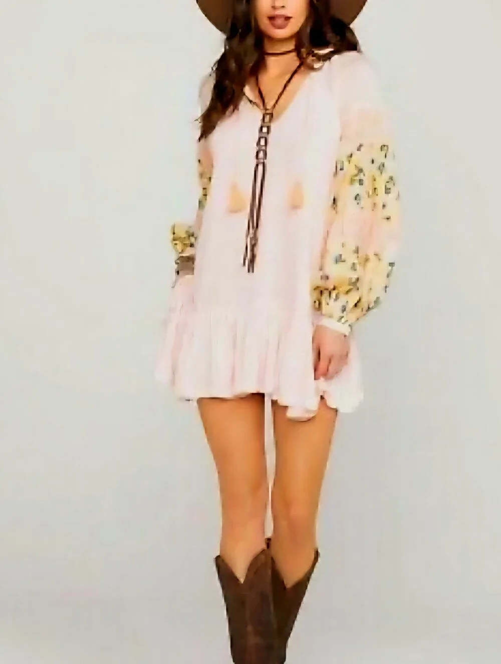 FREE PEOPLE Boho Pink Floral Sleeve Mini Dress